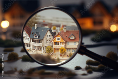 Searching new house for purchase. Rental housing market. Magnifying glass near residential building. Created with Generative AI