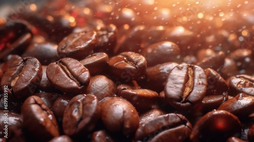 Freshly roasted coffee beans background. Rich aroma. Top view. Generative AI for banner  poster  cover  brochure  presentation or cafe promotions.