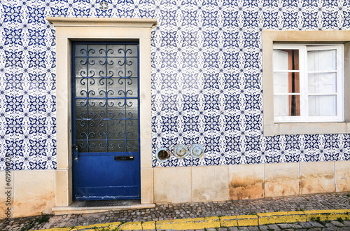 Typical colorful facade in Tavira town, Portugal