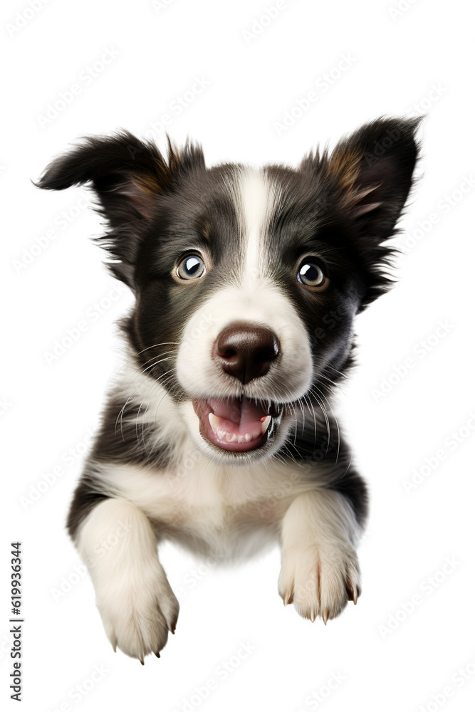 Adorable Border Collie puppy jumping. High angle view. Isolated transparent background