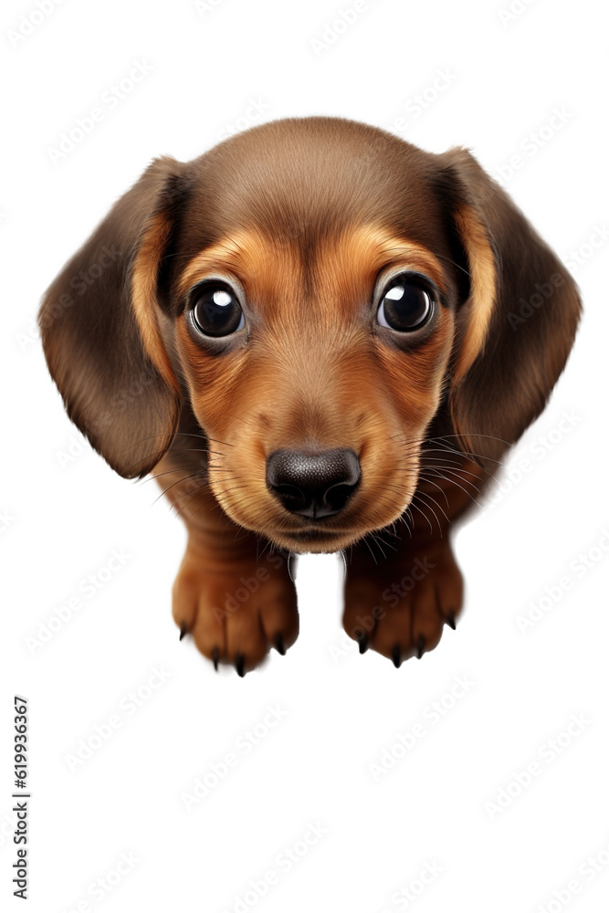 Cute Dachshund puppy look. High angle view over white transparent background