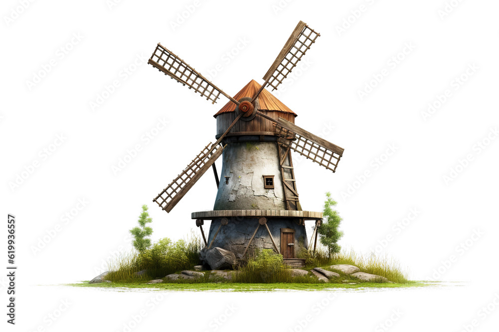 Vintage old windmill over white transparent background