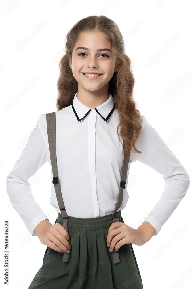 Happy Caucasian girl in school uniform over isolated transparent background Happy Caucasian girl in school uniform over isolated transparent background