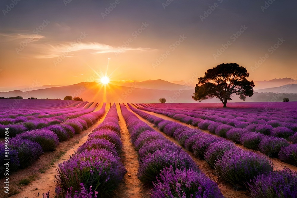 Fototapeta premium lavender field at sunset generated ai
