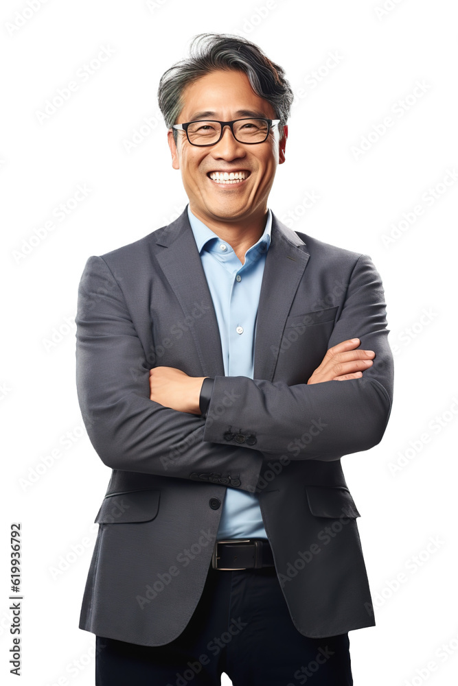 Mature Asian businessman smiling and looking at camera. White transparent background Mature Asian businessman smiling and looking at camera. White transparent background