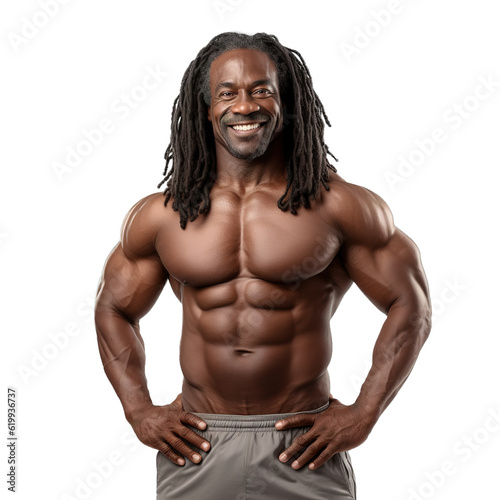 Middle aged body builder Afro man over white transparent background