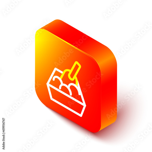 Isometric line Cat litter tray with shovel icon isolated on white background. Sandbox cat with shovel. Orange square button. Vector