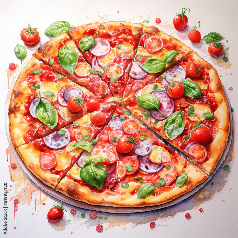 Pizza with ham, rucola, and vegetables on white background Generative AI technology,