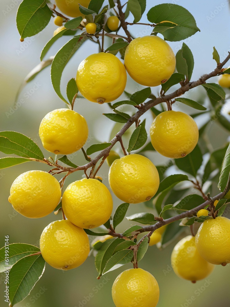 Lemons on the lemon tree, citrus fruits in the orchard
