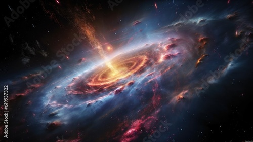 Fotografiet A distant spiral galaxy with a black hole in the center spraying elements outward