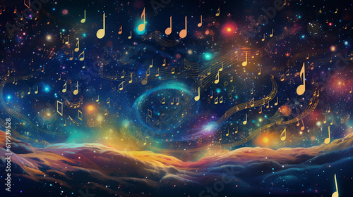 A constellation of music - related symbols and icons, forming a galaxy of sound against a starry night sky backdrop, high saturation, surreal art style