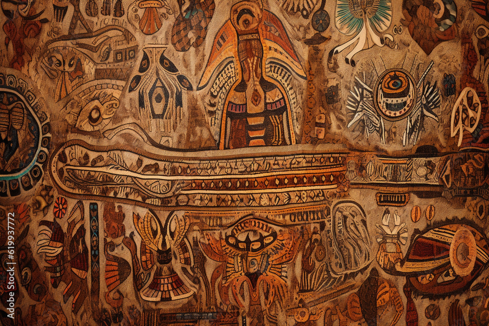 Intricate tapestry of cultural symbols woven together in a harmonious blend of colors, textures, and patterns, folk art style, warm lighting, intricate details, high resolution