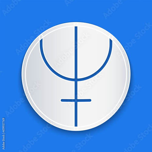 Paper cut Neptune planet symbol icon isolated on blue background. Astrology, numerology, horoscope, astronomy. Paper art style. Vector