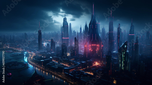Neo - futuristic cityscape full of illuminated neon signs and symbols  hyper - realistic  Blade Runner vibes  high angle