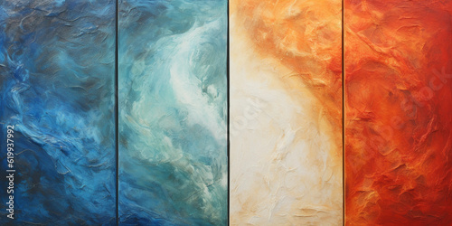 Symbolic representation of the four elements - earth, air, fire, and water - abstract expressionism, each element in a quadrant, evocative colors and textures, painted on raw canvas