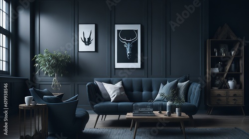 Cozy, modern living room with comfortable furniture and stylish decor. No people. © Designocracy