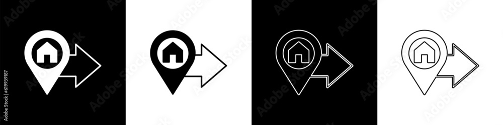 Set Map pointer with house icon isolated on black and white background. Home location marker symbol. Vector