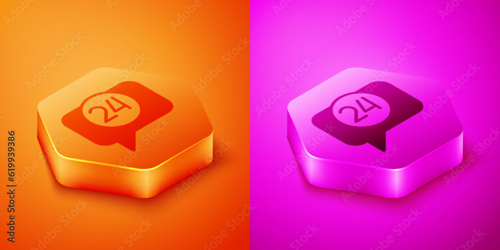 Isometric Telephone 24 hours support icon isolated on orange and pink background. All-day customer support call-center. Full time call services. Hexagon button. Vector
