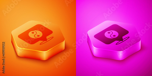 Isometric Yin Yang symbol of harmony and balance icon isolated on orange and pink background. Hexagon button. Vector