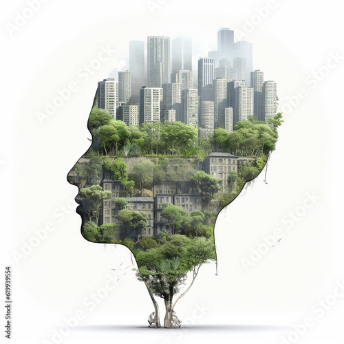 la ville verte en forme de visage, écologie et développement durable - IA Generative