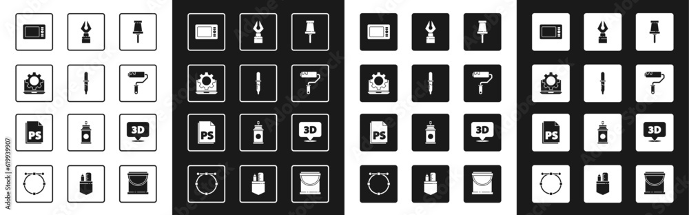 Set Push pin, Pipette, Laptop and gear, Graphic tablet, Paint roller brush, Fountain pen nib, Speech bubble with text 3D and PS File document icon. Vector Set Push pin, Pipette, Laptop and gear, Graphic tablet, Paint roller brush, Fountain pen nib, Speech bubble with text 3D and PS File document icon. Vector