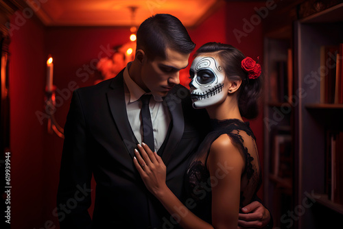 Couple prepared to party, she with her face painted, Dia de los muertos. Ai Generative