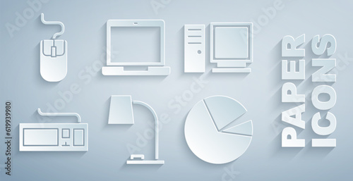 Set Table lamp, Computer monitor, Keyboard, Pie chart infographic, Laptop and mouse icon. Vector
