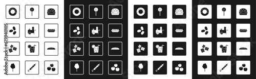 Set Burger, Fast street food cart, Chicken nuggets, Donut, Nachos in plate, Lollipop, Bread loaf and Cracker biscuit icon. Vector