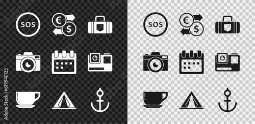 Set Location with SOS, Money exchange, Suitcase, Coffee cup, Tourist tent, Anchor, Photo camera and Calendar icon. Vector