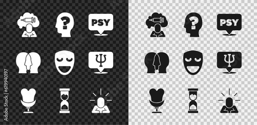 Set Addiction to the drug, Head with question mark, Psychology, Psi, Armchair, Old hourglass, Depression, Bipolar disorder and Comedy theatrical mask icon. Vector