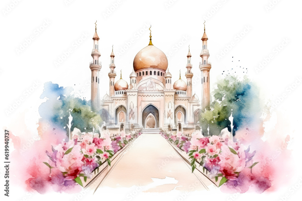 Watercolor Painted Peaceful Islamic Mosque with Trees and Flowers on White Background