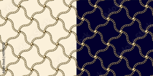 Tiled seamless pattern. Vintage geometric pattern with gold realistic chains, beads. Classic elegance design.