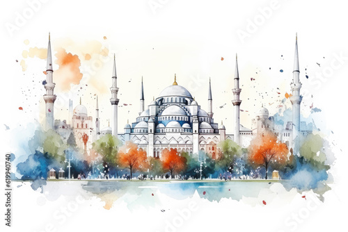 Watercolor Painted Islamic Mosque on White Background