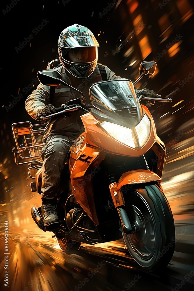 The delivery man rides through a city blur on a scooter. (Illustration, Generative AI) The delivery man rides through a city blur on a scooter. (Illustration, Generative AI)
