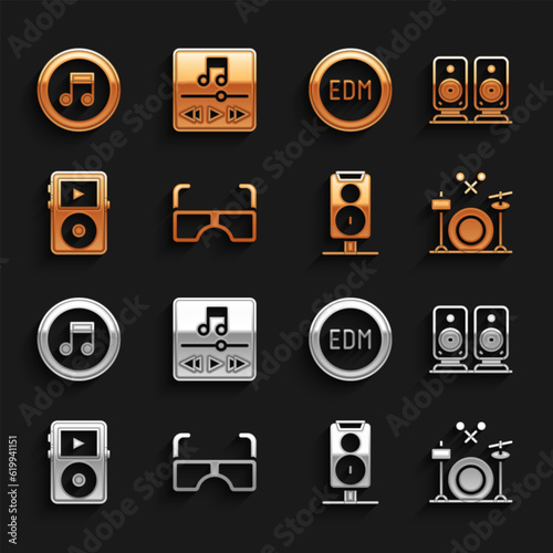 Set Glasses, Stereo speaker, Drums, Music player, EDM electronic dance music, note, tone and icon. Vector