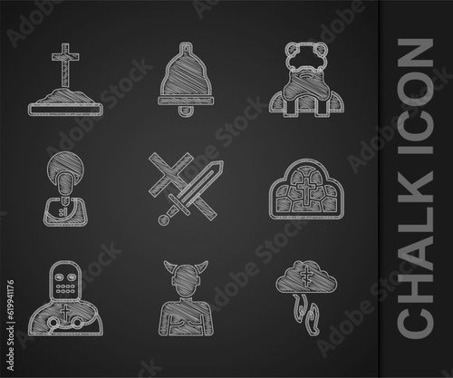 Set Crusade, Krampus, heck, God's helping hand, Stained glass, Knight crusader, Jesus Christ, Priest and Grave with cross icon. Vector