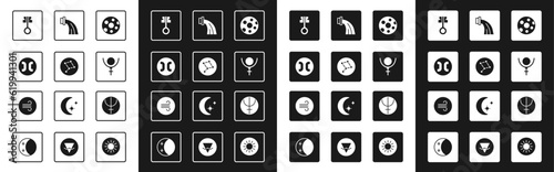 Set Full moon, Great Bear constellation, Pisces zodiac, Old magic key, Symbol Pluto, Aquarius, Neptune planet and Windy weather icon. Vector
