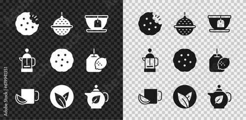 Set Cookie or biscuit, Ball tea strainer, Cup with bag, of lemon, Tea leaf, Teapot, French press and icon. Vector
