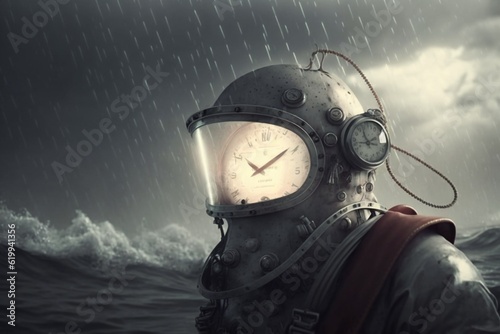 time traveler with face covered by helmet in time of the great seas, Generative AI