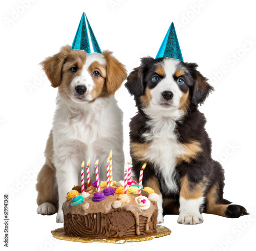 dogs with a party hat sitting on a birthday cake  cute funny animals isolated on a transparant background  clipart cutout scrapbook  birthday card