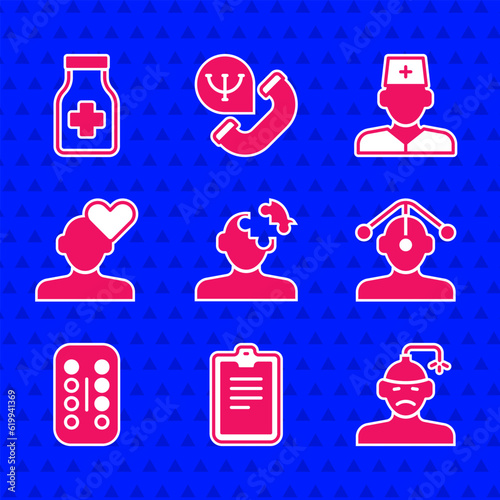 Set Solution problem in psychology, Psychological test, Concussion, headache, Hypnosis, Sedative pills, Broken heart or divorce, Male doctor and icon. Vector