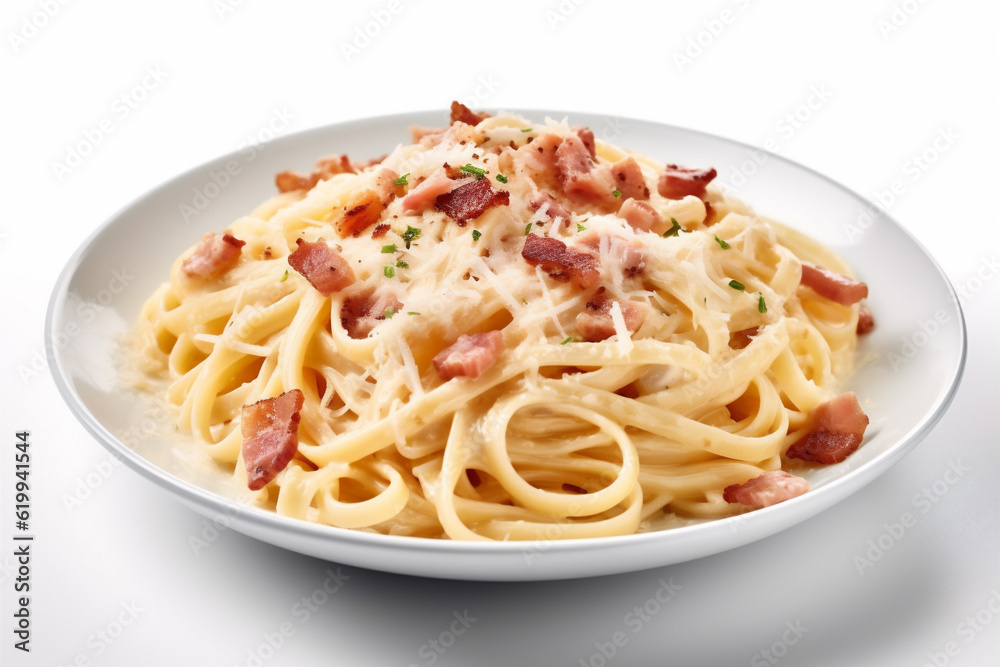 bacon meal carbonara italian pasta meat cheese spaghetti sauce food. Generative AI. bacon meal carbonara italian pasta meat cheese spaghetti sauce food. Generative AI.