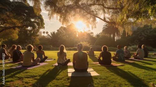 A group of people sit in the park and do yoga  sunset  summer  generative ai