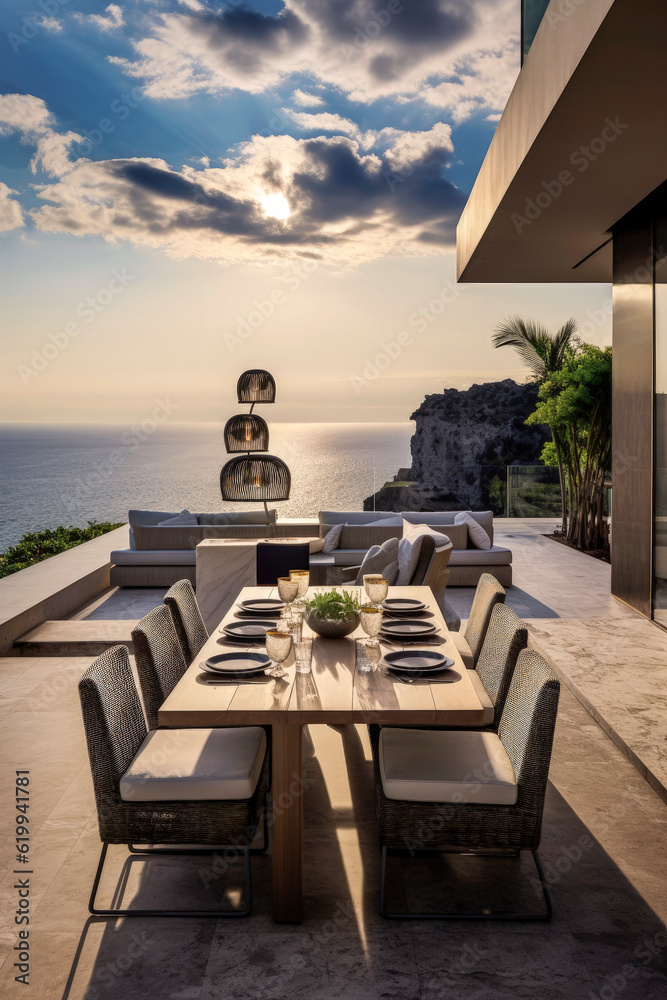 Fototapeta premium Generative AI illustration of a luxury villa terrace built with recyclable materials facing the sea.