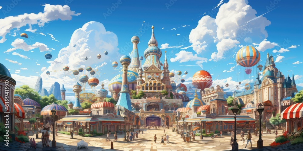 Colorful magical fantasy illustration of amusement park. Stock ...