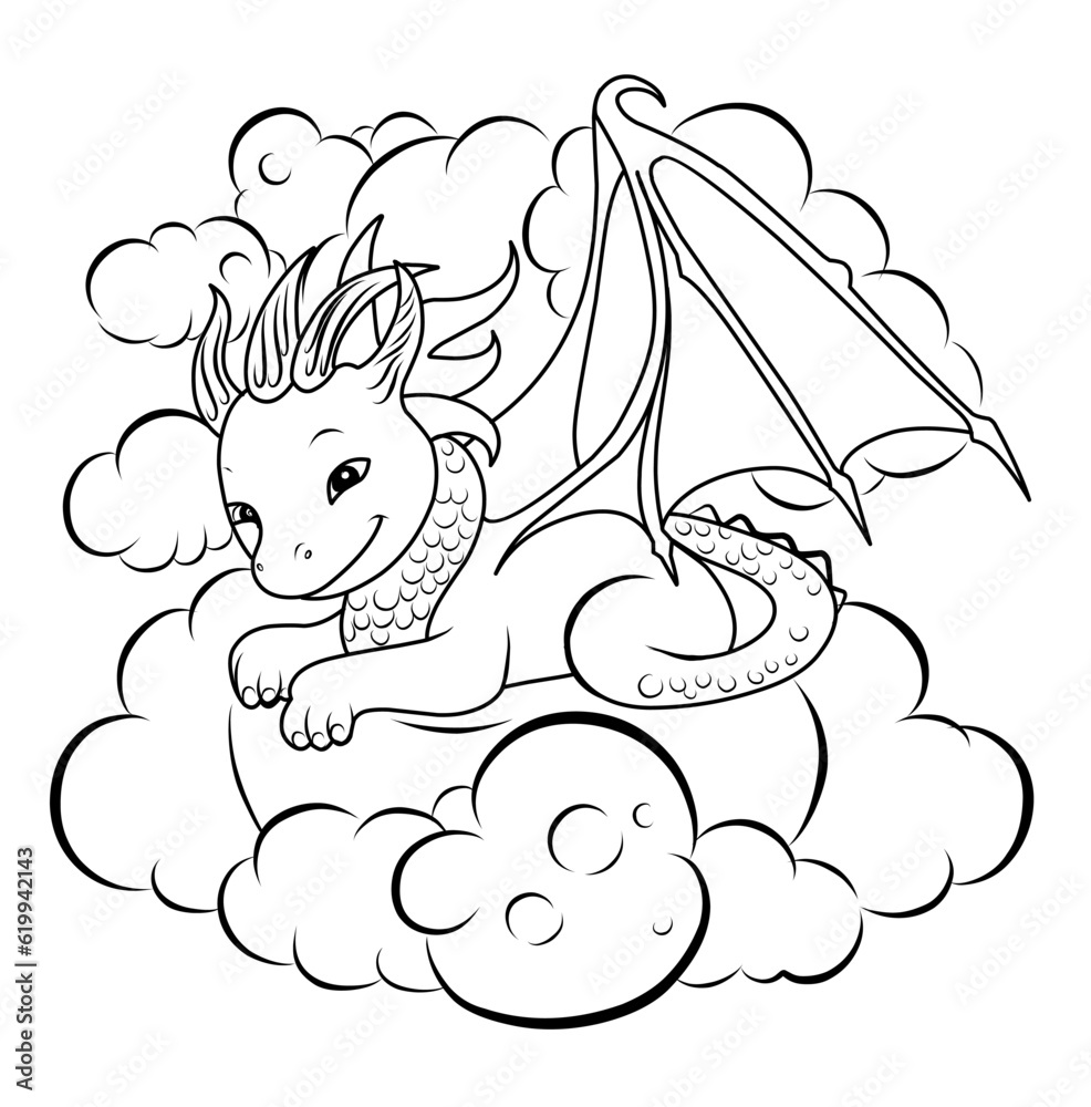Cute dragon sleeping in the cloud.Dreamy.Simple line illustration for ...