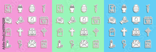 Set line Greeting card with Happy Easter, Christian cross, Calendar, egg, Human hand and easter, Speech bubble happy, and icon. Vector