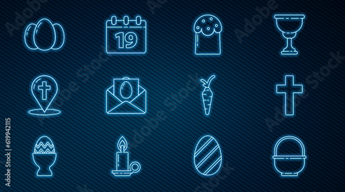 Set line Basket, Christian cross, Easter cake, Greeting card with Happy, Map pointer christian, eggs, Carrot and Calendar icon. Vector
