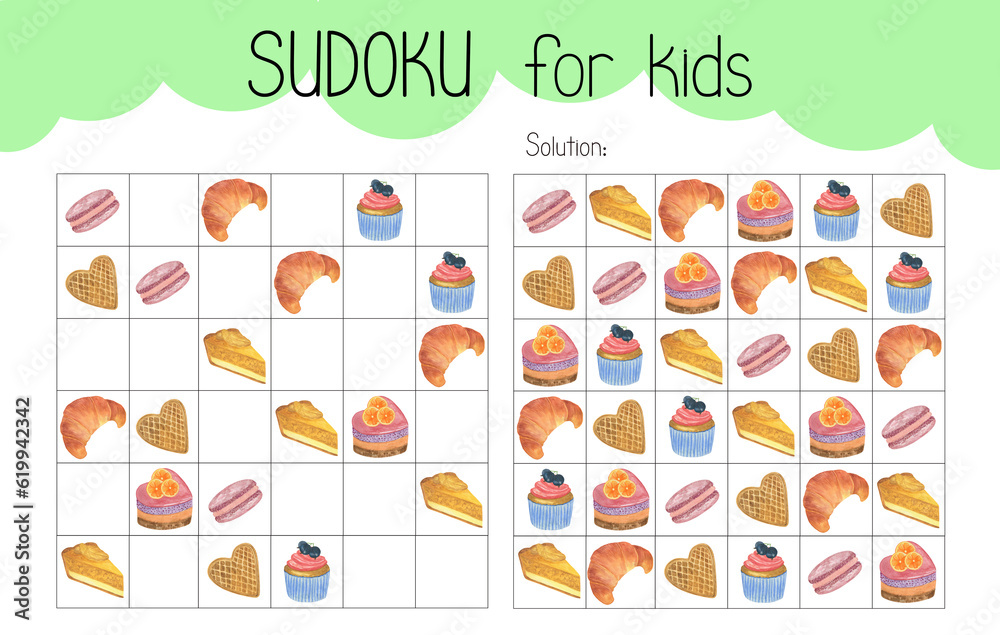 Sudoku educational game leisure activity worksheet watercolor illustration, printable grid to fill in missing images, sweet dessert cake, pastry topical vocabulary, puzzle solution, teacher resource