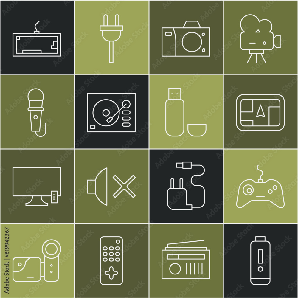 Set line Battery charge level indicator, Gamepad, Gps device with map, Photo camera, Vinyl player, Microphone, Keyboard and USB flash drive icon. Vector Set line Battery charge level indicator, Gamepad, Gps device with map, Photo camera, Vinyl player, Microphone, Keyboard and USB flash drive icon. Vector
